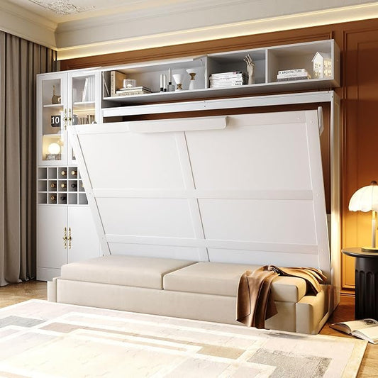 Queen Murphy Bed with Couch, Storage Shelves and USB, Folding Wall Bed | Stores bed and mattress together, with built-in light, 600 lbs capacity and 8-10 in mattress support for small spaces