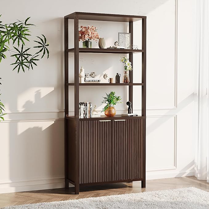 VINGLI Bookcase with Fluted Doors, 71" Wood Storage Cabinet with Adjustable Shelves, 6-Tier Display Cabinet Bookshelf for Study, Living Room, Home Office, Kitchen Pantry, Walnut