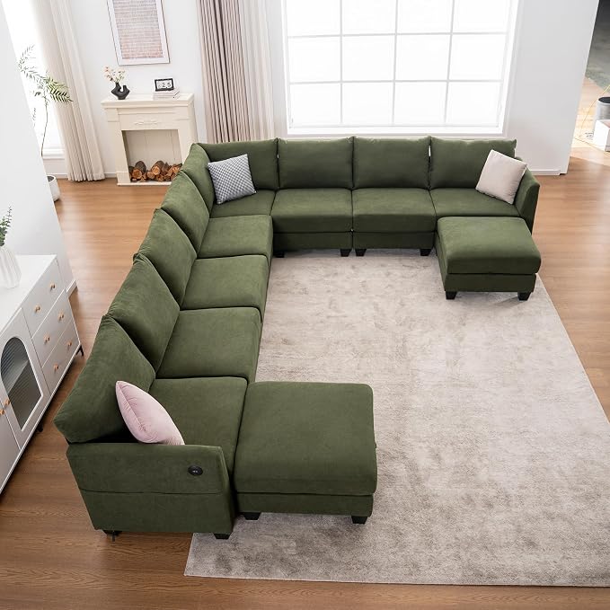 150.4" Large Sectional Couches for Living Room, 8 Seater L Shaped Modular Sectional Sofa with Two Storage Ottomans & USB, Oversized Corner Couch for Living Room(Green)