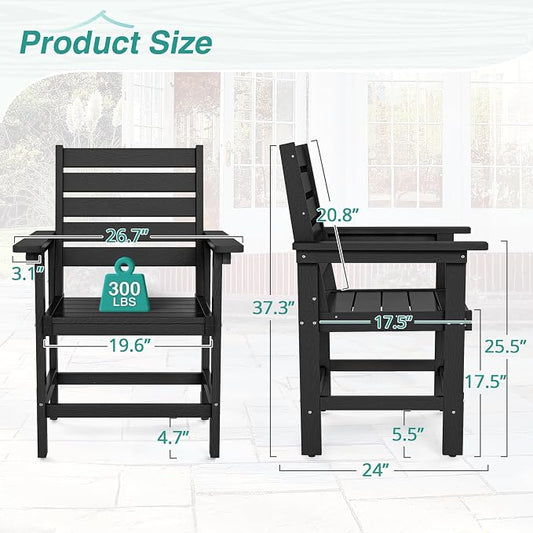 Patio Dining Chairs Set of 2, HDPE Weather Resistant Outdoor Chairs with Armrest, Heavy Duty 300LBS Support Patio Chairs for Backyard Deck Porch Balcony, Black