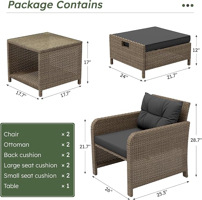 LHBcraft Outdoor Furniture 5 Piece Patio Conversation Set, PE Rattan Patio Set with Soft Cushions & Coffee Table, Outside Furniture with Hidden Ottoman for Porch, Lawn, Garden, Balcony, Black