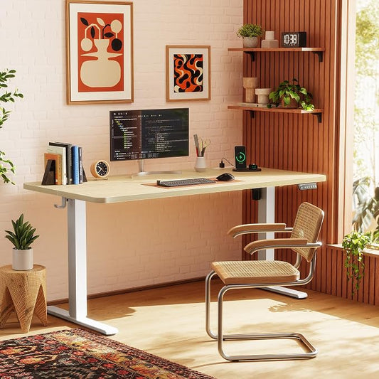 Huuger Electric Standing Desk with Power Outlets and USB-C Port, 55 X 24 Inch Height Adjustable Desk, Sit Stand Desk for Home Office, Computer & Gaming Desk with 4 Presets, Stable Steel Frame, Marple