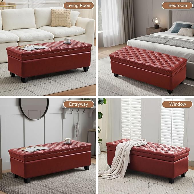 WUTUTUEE 50" Faux Leather Storage Ottoman Bench, End of Bed Upholstered Rectangle Storage Ottoman Tufted Living Room Bedroom Bench with Safety Hinge, Solid Wood Legs, Loads 500 lb(Red)