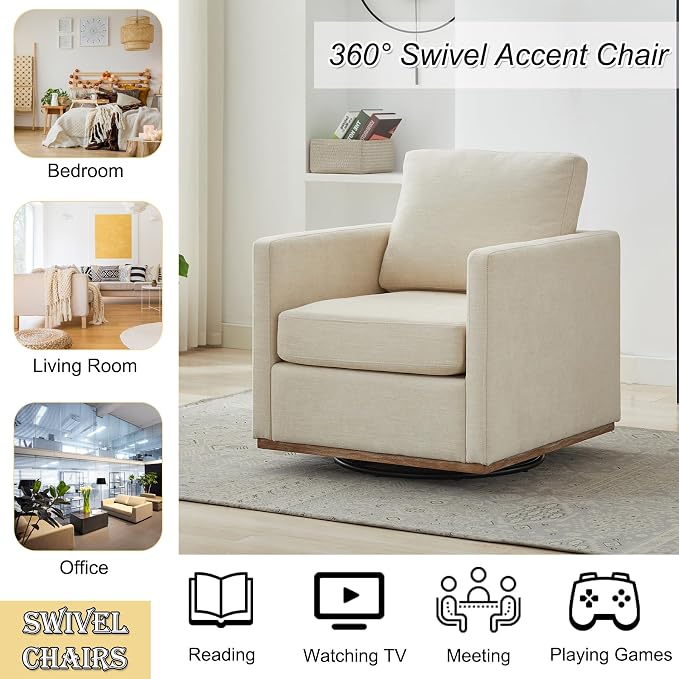 Swivel Accent Chair, 360 Degree Square Swivel Chair for Living Room, Mid Century Modern Upholstered Barrel Chair,Comfy Sofa Armchairs for Bedroom,Nursery,Chenille, Beige