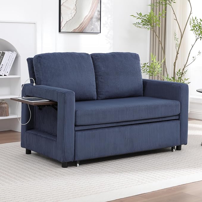 3 in 1 Folding Convertible Sleeper Sofa Bed, Pull Out Couch with Side Pockets,USB Port,Side Table,Loveseat Sofa Bed with Adjustable Backrest for Living Room Bedroom 66" Blue 2 SEAT