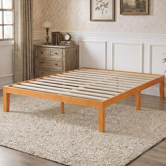 Sweetcrispy Queen Size Bed Frame 16 inch Heavy Duty Platform Bedframe, 1000 lbs Capacity, Underbed Storage, No Box Spring Needed, Wooden Slats, Easy Assembly with Velcro, Honey Finish