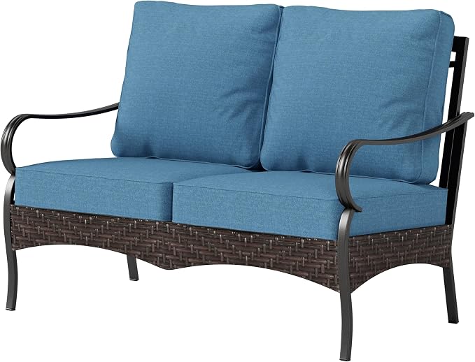 PHI VILLA Wicker & Metal Outdoor 2-Seat Patio Couch,Patio Sofa Loveseat with Deep Seating for Front Porch, Deck, Balcony, Backyard, Sunroom,Navy