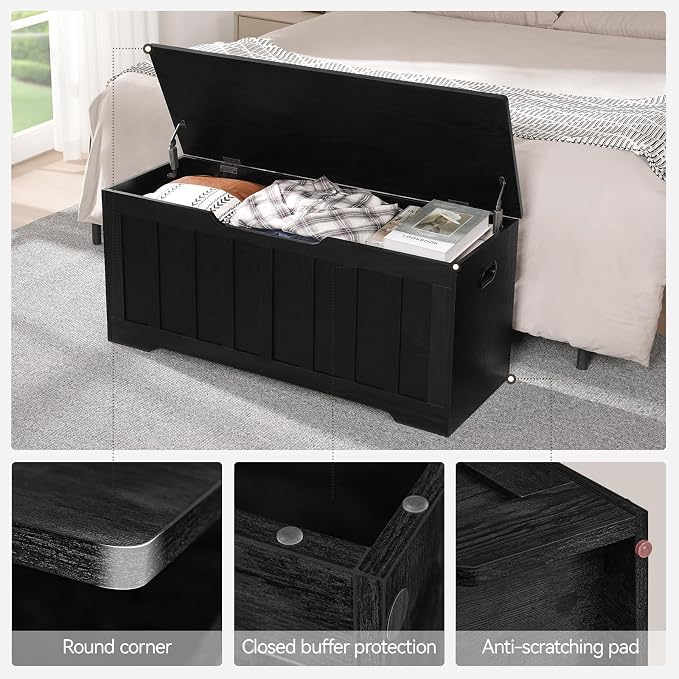 VANKILEY 43.3" Storage Chest Extra Large,Storage Trunk with 2 Safety Hinges,Wooden Storage Bench,Shoe Bench,43.3x15.7x19.1 Inch,Easy Assembly,Storage Bench for Bedroom,Living Room,entryway(Black).