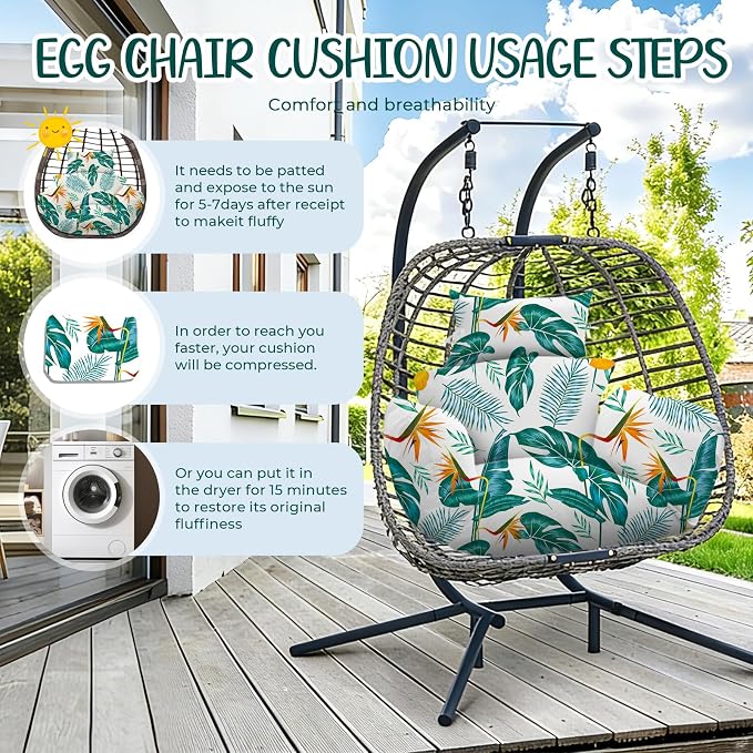 Waterproof Egg Chair Cushion Replacement 47x31.5x4.7 inch Thicken Hanging Egg Swing Chair Cushion IndoorUthem Outdoor Wicker Rattan Hammock Basket Cushion with Headrest Pillow, Yellow-Green Leaf