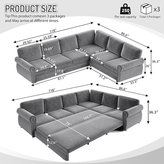 118" L-Shaped Sleeper Couch Bed - Oversize Convertible with Pull-Out Sofa Bed, Button Tufted Chesterfield Sofa, Chenille Sectional Vintage Couches for Living Room/Apartment(6-Seater, Light Grey) | Oversize Convertible
