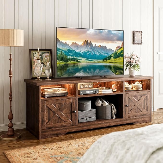 Casaottima TV Stand for 65 Inch TV, Farmhouse Entertainment Center with Power Outlet & LED Light and Storage Cabinets, Console Table and Media Furniture for Living Room Bedroom, Walnut