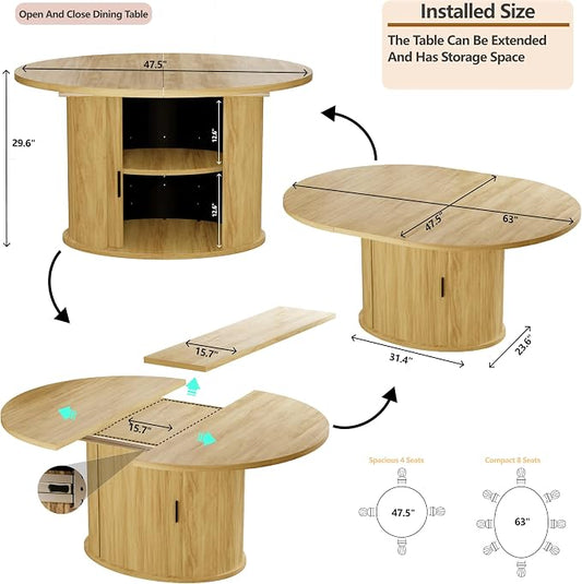 Dining Table for 4-6, 63“Extendable Round Dining Room Kitchen Table with 2-Tier Storage Shelf, Fluted Wood Table with Slide Door, Expandable Wood Oval Dinner Furniture with Pedestal Base (Oak)