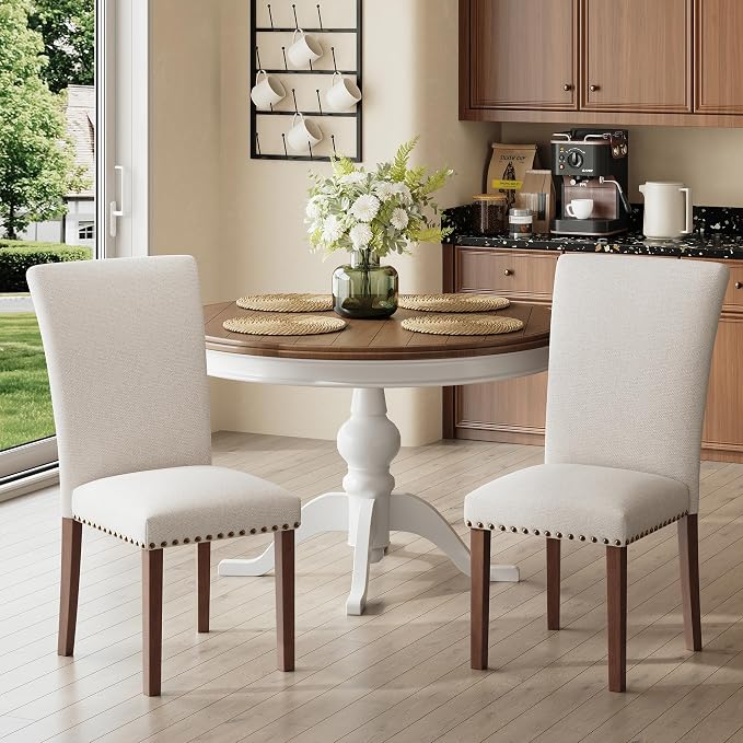 MALOL High Back Dining Chairs Set of 4, Upholstered Dining Room Chair with Wood Legs and Nailhead Trim, Modern Padded Kitchen Chairs for Dining Room/Restaurant, Beige