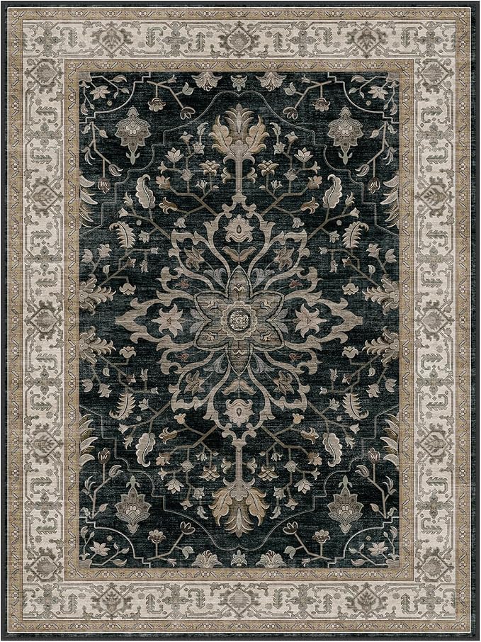 RELEANY Area Rugs 7'x9' Washable Non-Slip, Floral Vintage Distress Medallion Carpet for Living Room Bedroom Dining Room, Vintage Black Brown Neutral