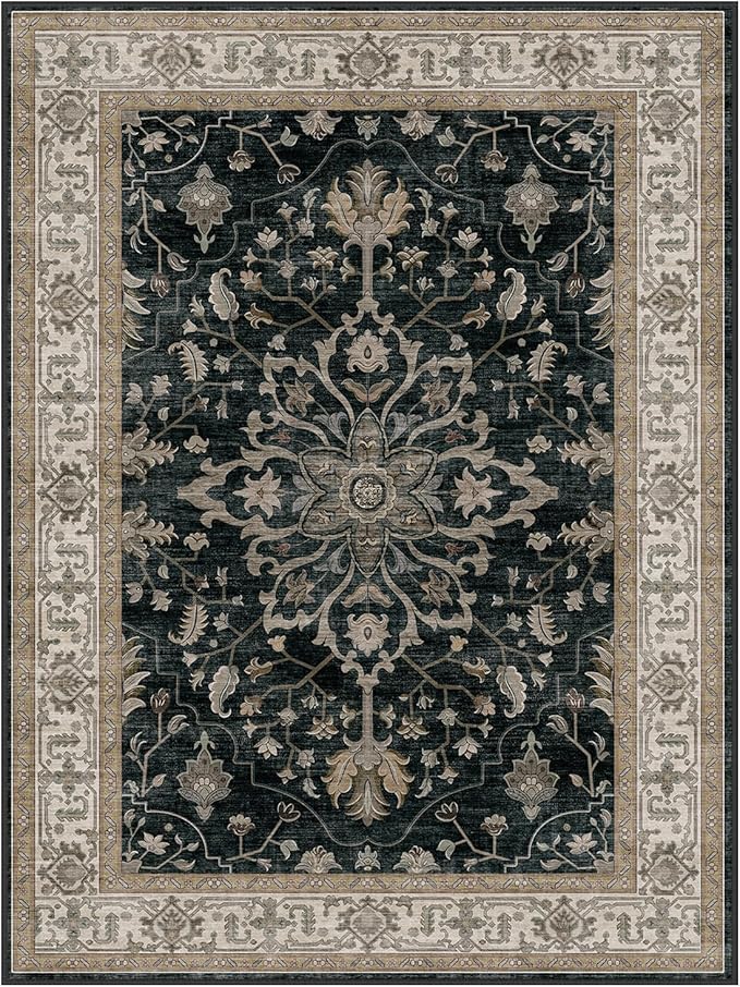 RELEANY Area Rugs Large 10'x12' Washable Non-Slip, Floral Vintage Distress Medallion Carpet for Living Room Bedroom Dining Room, Vintage Black Brown Neutral
