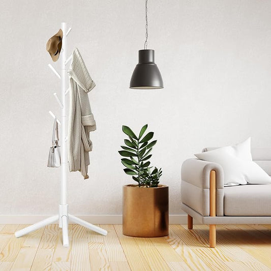 Unisakey Durable Wooden Coat Rack, Freestanding Coat Rack with Stable Triangular Base, 8 Hooks & 3 Adjustable Heights, Simple Assembly for Bedroom, Hallway, Office(New White)