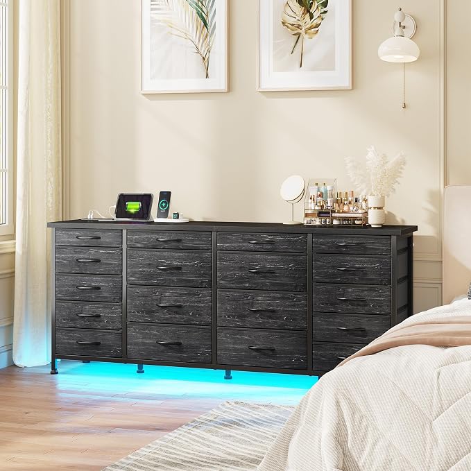 EnHomee 63" W Black TV Stand for Living Room, 18 Drawers, LED & Charging | Long Dresser for 65"-75" TV, Deep Drawer, Spacious Storage, Drawers Glide, No Wobbling, Anti-tip, Easy Assembly, Wipes Clean