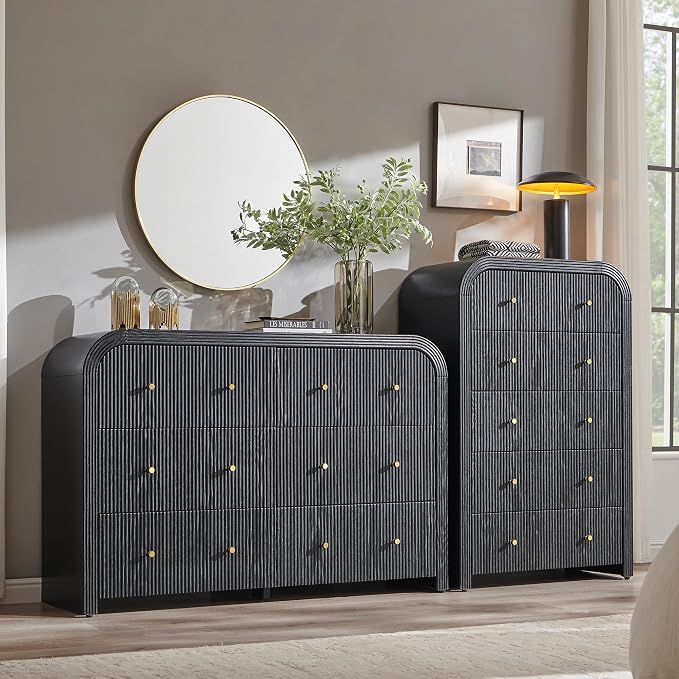 T4TREAM Fluted 5 Drawers Dresser, 48" Tall Modern Chest of Drawers with Thickened Curved Profile Design, Wood Closet Clothes Storage Organizer for Bedroom, Living Room, Hallway, Black Oak