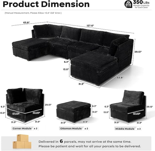 ovios Modular Sectional Sofa Couch with U-Shape Chaise Ottomans, Comfy Plush Corduroy Cloud Couches, Modern Luxury Deep Seat Sofas Set for Living Room, 6-Seater, Black