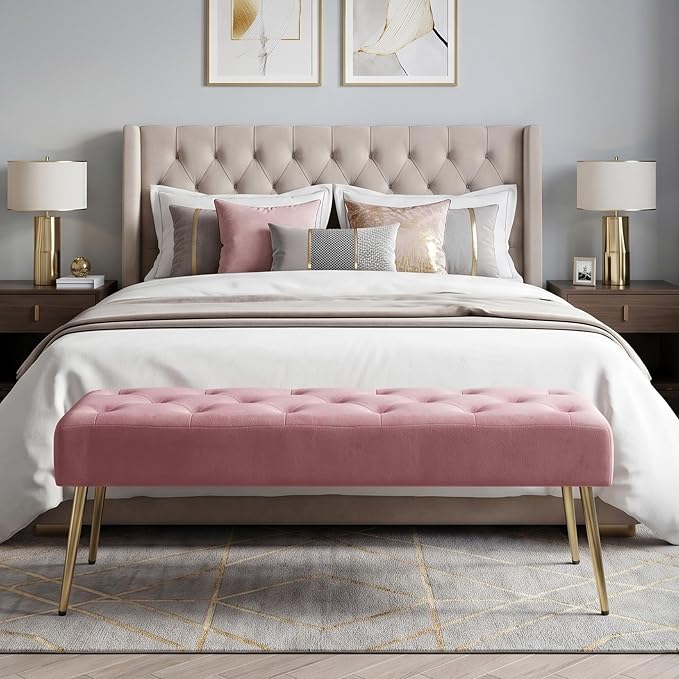 DUHOME Modern Velvet Ottoman Bench, Button-Tufted Upholstered Bedroom Benches,End of Bed Bench with Gold Base for Entryway Living Room Dining Room, Pink