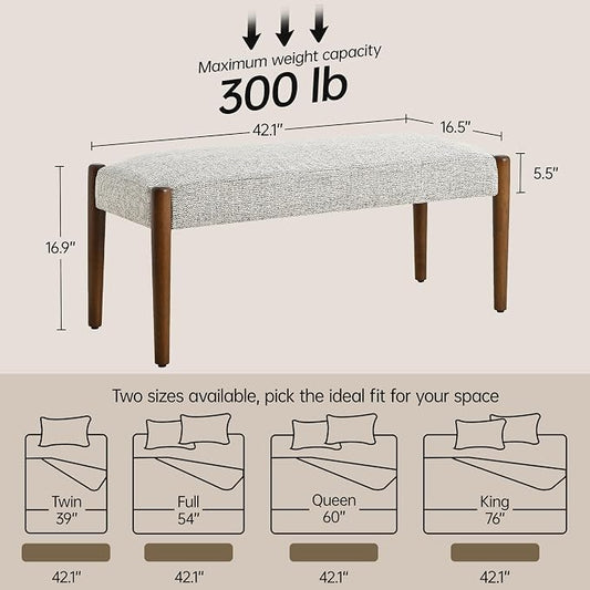 Usaint 42" End of Bed Bench, Modern Upholstered Bedroom Bench with Rubberwood Legs, Entryway Bench with Cushion, Dining Bench for Living Room, Bedroom, Light Brown with Walnut Leg