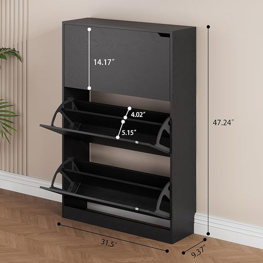 Shoe Storage Cabinet, Wood Shoe Organizer for Entryway with 3 Flip Drawers, Freestanding Shoe Rack with Adjustable Shelf, Narrow Shoe Dresser for Front Door Entrance (Black, 3 Drawers)