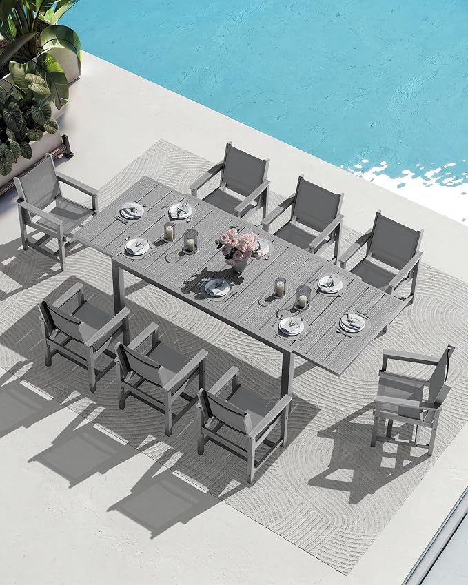 SERWALL HDPE Outdoor Dining Set for 8 with Textilene Chairs, Grey | 60" - 83" Aluminum Expandable Patio Dining Table and Breathable Textilene Chairs, All Weather HDPE Patio Furniture Set