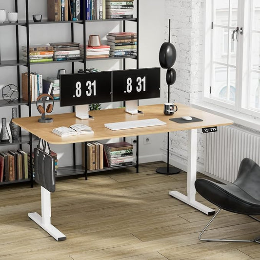 YESHOMY Height Adjustable Electric Standing Desk, 55 inch Computer Table, Home Office Workstation, White Leg/Natural Top