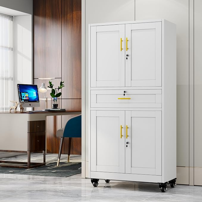 GAIOUS Metal Garage Storage Cabinet with Wheels and Drawer, Steel File Cabinet for Home Office, 71'' Tall Tool Cabinet with 4 Locking Doors and 3 Adjustable Shelves, Rolling Cabinet for Garage - White
