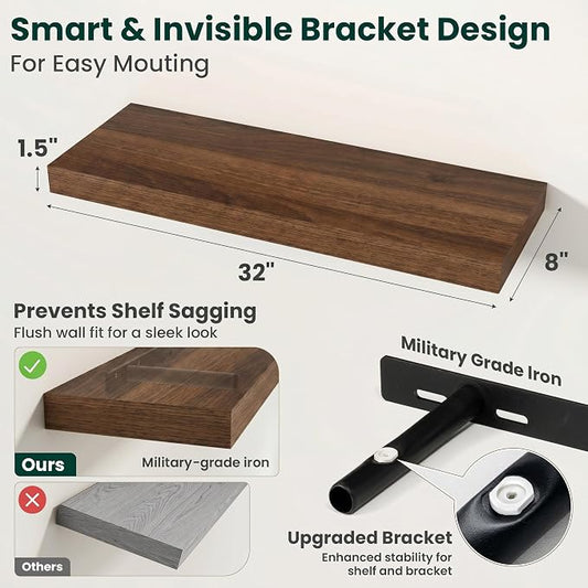 Floating Shelves for Wall, 32 Inch x 8 Inch Deep Wall Mounted Wood Shelf with Invisible Brackets for Storage & Display, Living Room Bedroom Kitchen, Walnut, Set of 2