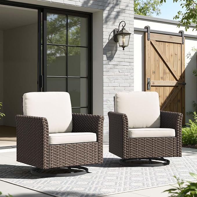 Patio Wicker Swivel Chairs with High Back Set of 2, All Weather PE Wicker Outdoor Swivel Chairs with Waterproof Cushion for Porch, Backyard, Balcony, Deck