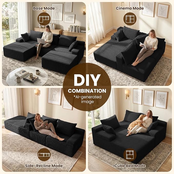 kinmars 108" Boneless Sectional Couch,Corduroy Cloud Couch Sectional for Living Room,Modern U Shaped Modular Sectional Couch,3 Seater Sofa (Black, 108.9" U Shaped with Ottoman)