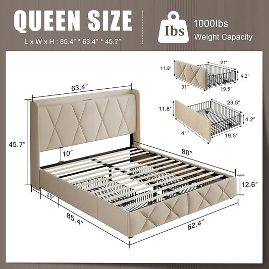Einhomn Queen Bed Frame with 4 Storage Drawers and Charging Station, Upholstered Platform Bed Frame with Storage Headboard, No Box Spring Needed, Easy Assembly, Beige