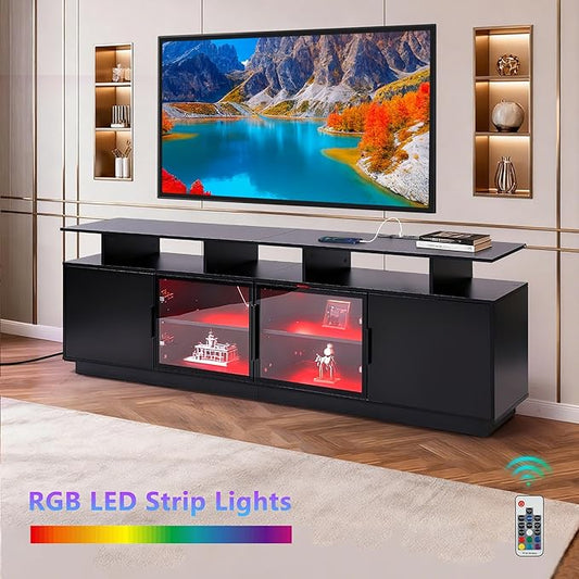 70 Inch Black TV Stand for Living Room, LED Entertainment Center for Gaming, Modern TV Cabinet Console, Transparent Glass Door Storage Cabinet