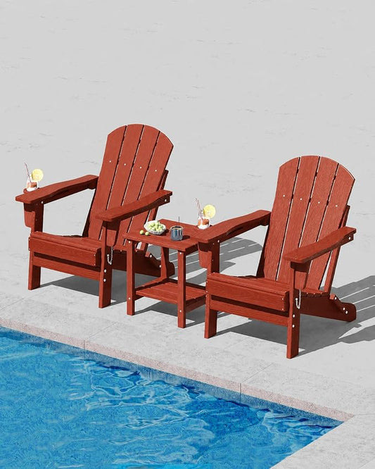 Garvee Folding Adirondack Chair Set of 2 with Side Table, HDPE Outdoor Patio Chair with Cup Holder, All Weather Resistent Wooden Textured for patios, Decks, Gardens, fire Pit, Red