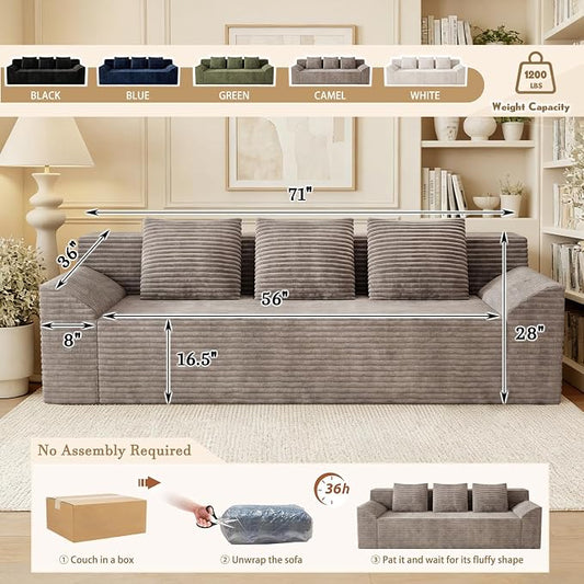 71" Corduroy Living Room Sofa, 3 Setaser Deep Seat Couch with 3 Lumbar Pillows, Comfy Boneless Sofa Modern Compressed Couch for Bedroom, Office, Apartment, No Assembly, Curved Armrests (Camel)