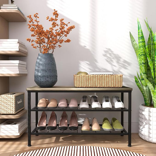 3-Tier Metal Shoe Rack with Wood Top - Durable & Space-Saving Shoe Organizer,Industrial Shoe Organizer Shelf Bench Storagefor Closet Entryway, Bedroom & Hallway - Gray + Black 28.5 W × 18" H