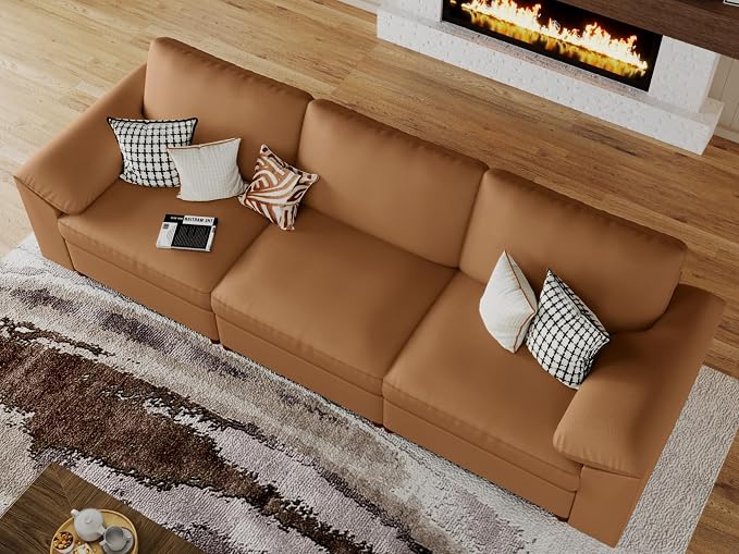 EASE MOOSE Deep Seat Sectional Couch, Scratch Resistant Faux Leather Material, 3-Seat Oversized Modular Sofa for Living Room,Modern Comfy Sofas for Small Spaces, Brown
