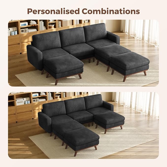 Vesgantti 97" Modular Sectional Sofa Black, Sectional Couch with Movable Ottoman, Comfy Corduroy Couch with Spring Cushion, Modular Sofa with Deep Seat for Living Room, Bedroom and Apartment