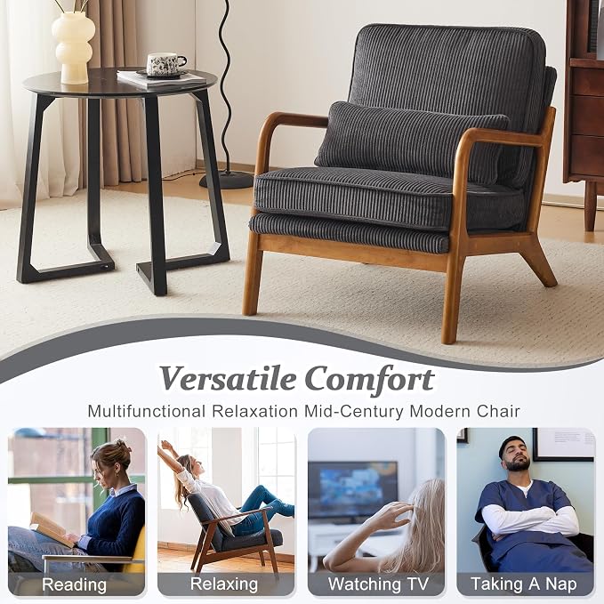 VINGLI Upgraded Premium Corduroy Accent Chair,Upholstered Arm Chair,Solid Wood Comfy Reading Chair with Lumbar Pillow, Mid Century Modern Chairs for Living Room,Bedroom,Dark Grey