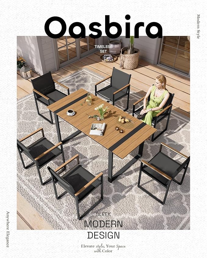 Outdoor Dining Table for 6, HDPS+ Aluminum Patio Dning Table with U-Shape Leg, Size: 67.4"*32.3"*29.6",Modern Rectangular Table for Lawn, Garden (Gray-Teak)