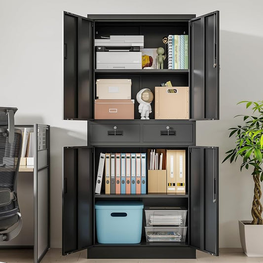 Wanfu Metal Storage Cabinet, 71" Locking Storage Cabinet with Adjustable Shelves and 2 Drawers, Steel Cabinets for Office, Garage, Home, School, Utility Room(Black)