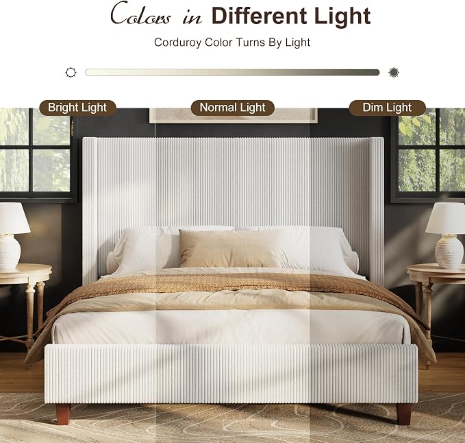 HOWE Queen Size Bed Frame with 50.8 Inch Corduroy Wingback Headboard, Cream | Modern Upholstered Platform Bed, Solid Wood Slats, No Box Spring Needed, Noise-Reducing Design