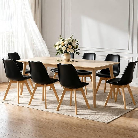 Dining Chairs Set of 8, Modern Upholstered Dining Room Chairs with PU Leather Padded Seat, Armless Kitchen Chairs with Curved Backrest and Solid Wood Legs for Dining Room, Kitchen, Apartment, Black