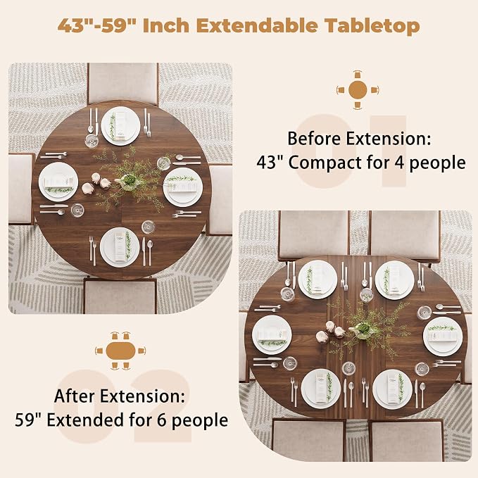 Epecoya 59-Inch Extendable Round to Oval Pedestal Dining Table, Farmhouse Wood Kitchen Table for 4-6 People, Space-Saving Expandable Dinner Table with Heavy Cross Base, Dark Brown Walnut