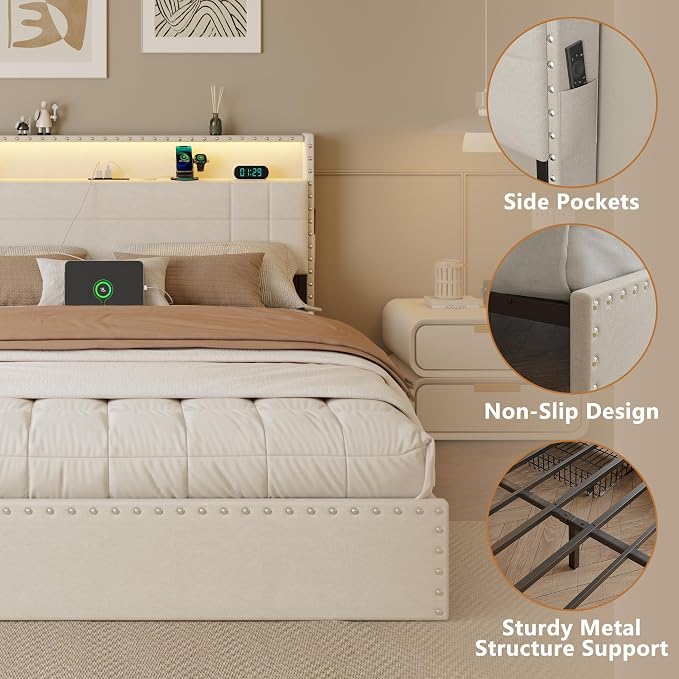 Forestell Queen Bed Frame with 4 Drawers and Storage Headboard, Upholstered Platform Bed Frame Queen Size with LED Lights and Charging Station, Metal Slats Support, No Box Spring Needed, Beige