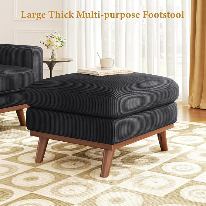 Vesgantti Large Ottoman for Modular Sofa, 29.5" Corduroy Ottoman with Spring Cushion, Rectangle Foot Rest for Couch, Entrance Footstool with Wood Legs, Footstool for Living Room, Bedroom, Black