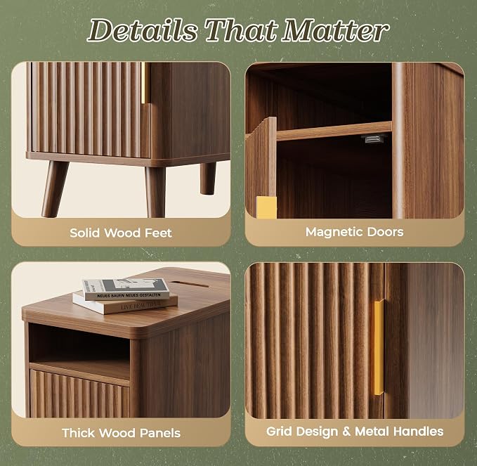 Huuger Narrow Nightstand with Charging Station, USB-C Port, Set of 2 Night Stand, Fluted End Table with Storage Cabinet, Back Rack, Side Table for Small Spaces, 13.4×23.6 Inch, Walnut