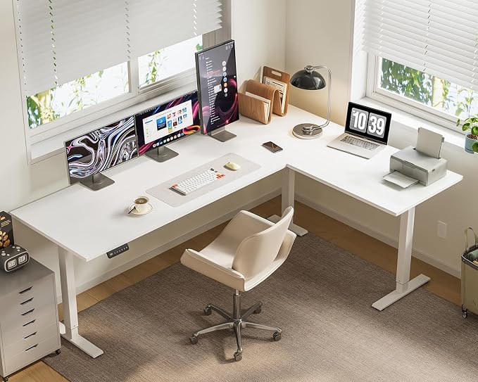 OffiGo 71 Inch Reversible L Shaped Electric Standing Desk, Height Adjustable Corner Stand up Desk, Ergonomic Large Lift Computer Table for Home, Office, Workstation, White