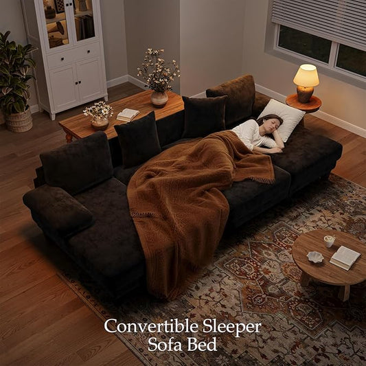 Txtin's Sleeper Sofa with Pull Out Couch Bed | 112 Inch Couches for Living Room | U-Shaped Convertible Sofa Bed | Chenille Black